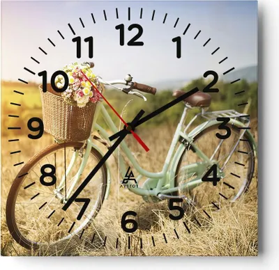 Produktbild von Wanduhr - Quadrat - Glasuhr - Fahrrad Wiese Blumen - 30x30cm - Schleichendes Uhrwerk - Lautlos - zum Aufhängen bereit - Dekoration Modern - Wanddekoration aus Glas - C4AC30x30-4206