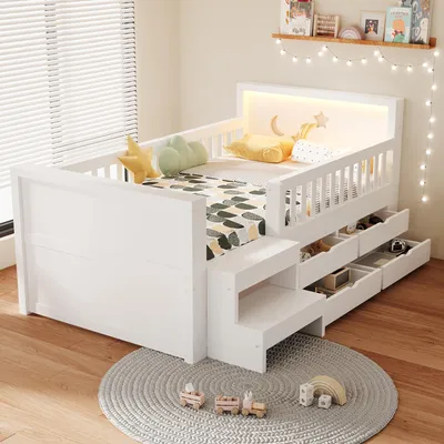 Produktbild von Flieks Kinderbett 90x200cm mit 4 Schublade, Hochbett mit Treppe und Rausfallschutz, Holzbett Einzelbett mit Led und Lattenrost, Weiß