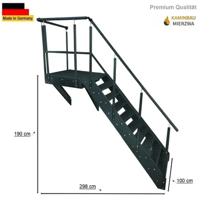 Zdjęcie produktu dla Schody platformowe Wangen – schody stalowe, 10 stopni, wysokość 190 cm, w tym platforma 100x100 cm z balustradą, kolor antracyt / schody umieszczone po prawej stronie / schody zewnętrzne