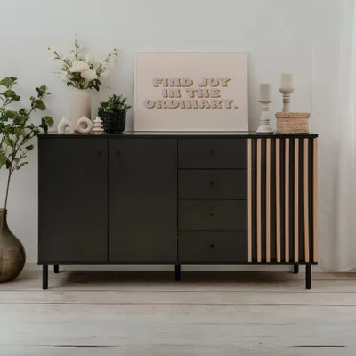 Immagine prodotto di Madia moderna 3 ante e 4 cassetti nero con listelli rovere Monza 51C 160x40x90H