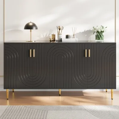 Produktbild von okwish Kommode Sideboard mit viel Stauraum, Schrank mit mit goldenen Griffen und Füße, Schubladenschrank Anrichte für Wohnzimmer- Essbereich schafft , 152x40x151cm, Schwarz