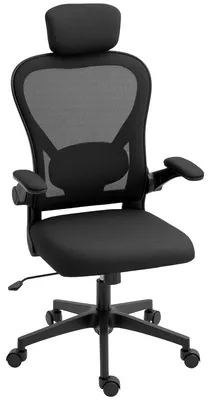 Image de Chaise de bureau ergonomique, chaise de travail en mesh, noire | Support lombaire | Accoudoirs pliables | 64 x 63 x 125 cm