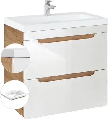 Produktbild von Waschtischunterschrank 61 cm mit Keramik-Waschtisch LUTON-56 Hochglanz weiß mit Wotan Eiche Nb. B/H/T ca. 61/63/46 cm