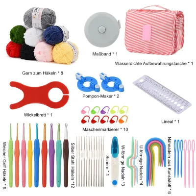 Image de Kit d'outils pour le crochet, fil, différents crochets, ensemble de 63 pièces, couleur rose