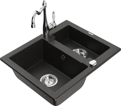 Produktbild von Mexen Carlos 1,5-Becken-Granitspüle mit Mischbatterie Carla, Schwarz/Gold metallisch - 6518-75-670700-00