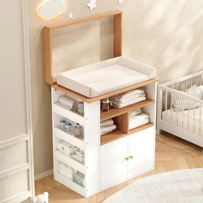 Produktbild von Flieks Wickelkommode mit Abnehmbarer Sicherheitsleiste, Wickeltisch Baby-Wickelkommode mit Regal und 2 Türen, 82x50x100 cm, Naturbelassen