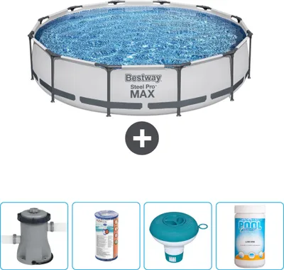 Produktbild von Bestway Round Steel Pro MAX Schwimmbad – 366 x 76 cm – Grau – inklusive Pumpe Filter - Chlorschwimmer - Chlor