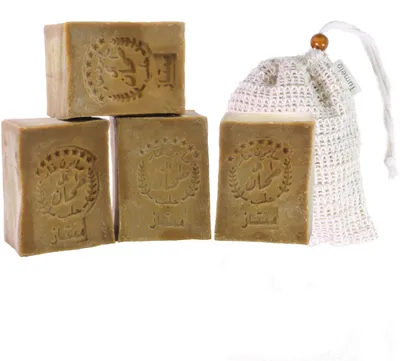 Produktbild von TUMELO Original Aleppo Seife 4 x 200g (800g) 90% Olivenöl 10% Lorbeeröl + Sisal Seifensäckchen, handgemachte Olivenölseife Naturseife
