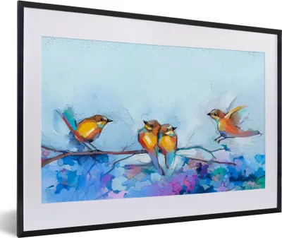 Produktbild von MuchoWow® Gerahmtes Poster Gemälde - Ölfarbe - Vogel - Zweig 60x40 cm - Poster mit Schwarzem Bilderrahmen Wandposter Rahmen Foto Bilder - Schlafzimmer - Plakat in Rahmen - Drucken
