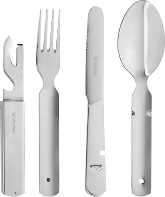 Produktbild von 4-teiliges Campingbesteck aus Edelstahl - Outdoor-Besteckset - Campingbesteck mit Flaschenöffner, Dosenöffner und Brotmesser