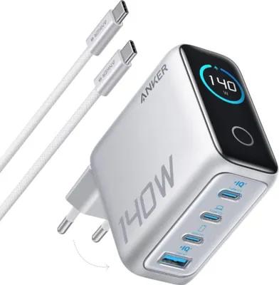 Immagine prodotto di Caricabatterie da parete Anker Zolo 140 W, display digitale, 3x USB-C, 1x USB-A, PD 3.1, cavo USB-C incluso, colore argento