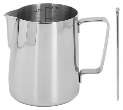 Produktbild von Milchaufschäumkrug mit Latte-Art-Stift, glänzend, 304-Edelstahl, Innenskala, Kaffee-Dampf-Milchkännchen, 350 ml