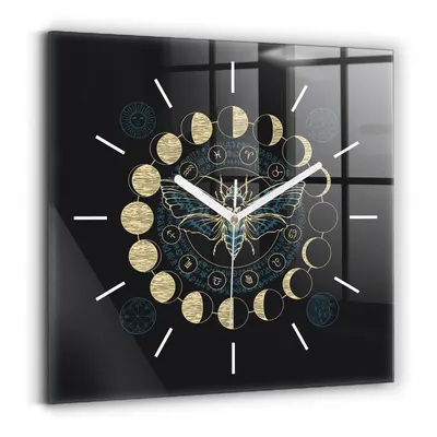 Produktbild von Wallfluent Wanduhr – Stilles Quarzuhrwerk - Uhr Dekoration Wohnzimmer Schlafzimmer Küche - Zifferblatt mit Striche - weiße Zeiger - 30x30 cm - Mondphasen und ein Insekt