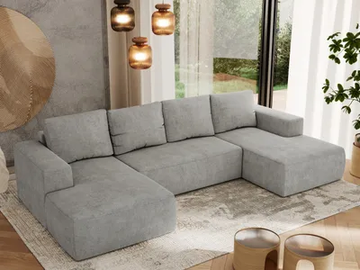 Produktbild von MKS MEBLE Sofa mit Schlaffunktion - Ecksofa mit Schlaffunktion und Bettkasten - Sofa 5 Sitzer - Schlafsofa - Couch - Schlafsofa mit Bettkasten - Trentino U - Hellgrau Struktur