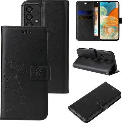 Produktbild von Handyhülle für Samsung Galaxy A23 5G Floral Blumen Schmetterling Flip Cover Hülle Case Klapphülle Handytasche Farbe: Schwarz