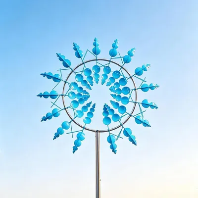 Image de Moulin à vent en métal pour jardin, décoratif, avec une fleur en 3D, résistant aux intempéries, de couleur bleue