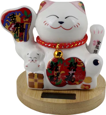 Produktbild von Glückskatze Keramik 10cm weiß Modell 02 Bambussockel Solar Maneki-neko Winkekatze Lucky cat