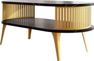 Produktbild von MIRJAN24 Couchtisch Roenni Oval Gold, Wohnzimmer Kaffeetisch, Beine und Seiten aus Stahl (Farbe: Gold / Black Pietra Grigia)