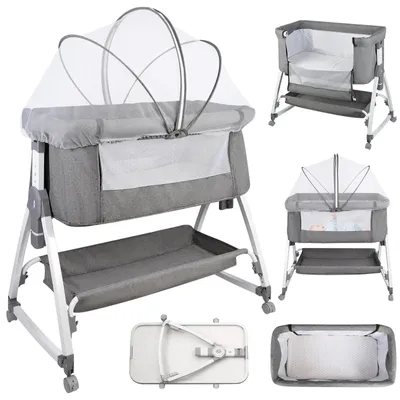 Image de Lit d'appoint pour bébés - Lit bébé 3 en 1 - Avec matelas - Réglable en hauteur sur 6 niveaux - Inclinable - Pliable - Transportable - Compatible avec la plupart des lits - Gris