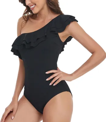 Produktbild von Damen One Shoulder Bademode Asymmetrische One Piece Badeanzüge Geraffte Badeanzüge Schwarz L
