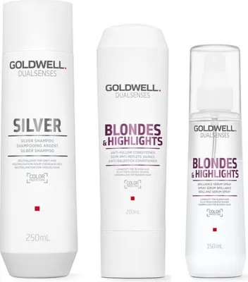 Zdjęcie produktu dla Goldwell DS Silver Shampoo 250ml + Goldwell DS B&H Anti-Yellow Conditioner 200ml + Goldwell DS B&H Brilliance Serum Spray 150ml