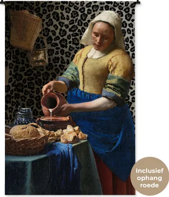 Produktbild von MuchoWow® Wandteppich Wandbehang Milchmädchen - Kunst - Pantherdruck - Vermeer - Gemälde - Alte Meister 120x180 cm Tapisserie Dekoration Wandtuch - Schlafzimmer - Dekorationen für das Haus
