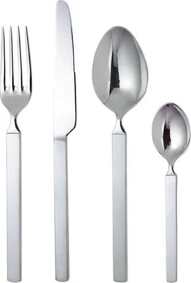 A set of four stainless steel cutlery pieces arranged vertically against a white background.