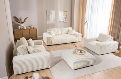 Produktbild von Mollis - Polstergarnitur 3+2+1 aus Hellbeige Plüschcord mit schöner Sitzkomfort