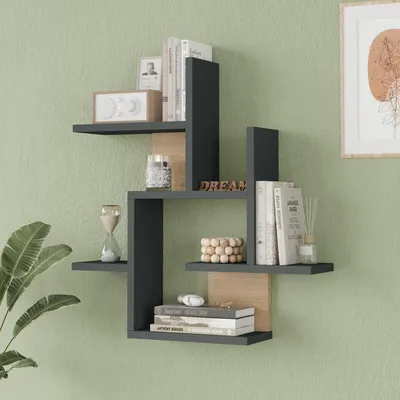 Zdjęcie produktu dla Półka ścienna 'Reyna' z 7 półkami 66 x 63 x 15 cm antracyt / wygląd drewna