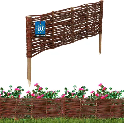 A woven willow fence section with a "Made in EU" tag, shown above a lower section of similar fencing with pink flowers and green foliage.