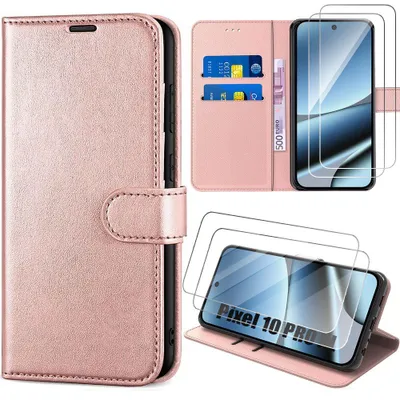 Image de Coque + 2 Verres Trempés pour Google Pixel 10 Pro XL, Protection Rabat Anti-Rayures Antichoc Synthécuir Rose