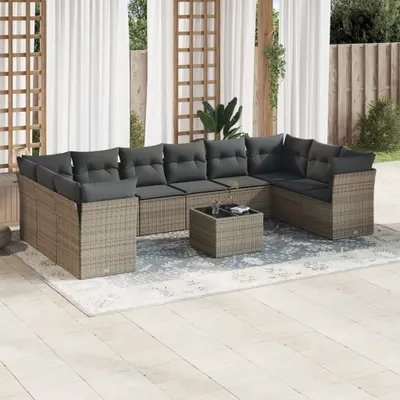 Produktbild von Design 11-tlg. Garten-Sofagarnitur mit Kissen Grau Poly Rattan, Gartenmöbel-Sets 2024 Neu
