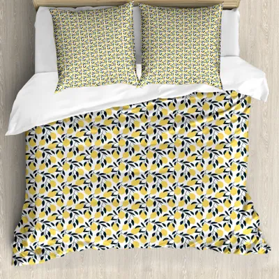 Produktbild von ABAKUHAUS Zitronen Bettbezug Set für Einzelbetten, Repetitive Zitrusfrüchte, Milbensicher Allergiker geeignet mit Kissenbezug, 155 cm x 220 cm - 80 x 80 cm, Dunkel Petrol Blau Senf