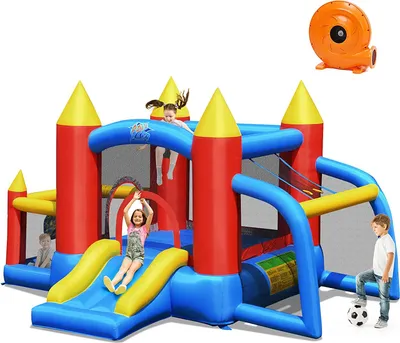 Produktbild von GOPLUS Kinder Hüpfburg mit Luftpumpe, mit Rutsche & Ballpool, aufblasbares Springburg für 3-10 Jahre alt, Hüpfschloss für Indoor & Outdoor