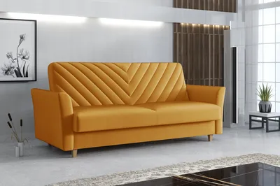 A yellow sofa is shown in a modern living room setting.