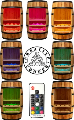 A collage of wine barrels with LED lighting and a remote control.