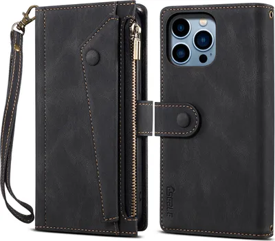 Produktbild von Schutzhülle für iPhone 15 Pro Reißverschluss Hülle, Leder Klapphülle Kartenfach Standfunktion Brieftasche mit Trageband Schwarz