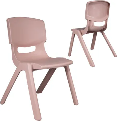 Two pink plastic children's chairs are shown against a white background. One chair is in the foreground, angled towards the viewer, while the other is in the background, viewed from the side.