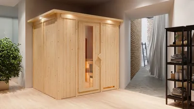 Produktbild von Karibu Sauna Innensauna Sodin Fronteinstieg Ofen 9 KW externe Strg easy 210x184x202 cm mit Dachkranz mit Energiespartür