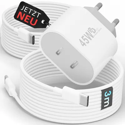 Produktbild von 45W USB-C Schnellladegerät Charger mit GaN-Technologie für Handy, iPhone, Samsung S21-S25, Tablet, iPad Dual Port PD - Ladegerät + 2x 3m Kabel