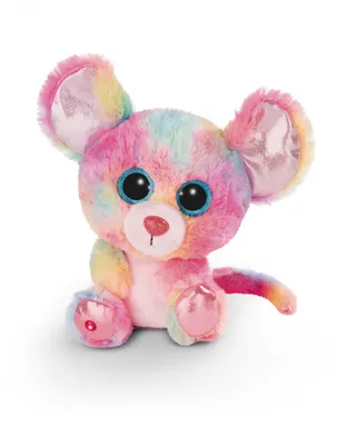 A plush toy mouse with rainbow-colored fur and large blue eyes sits on a white background.