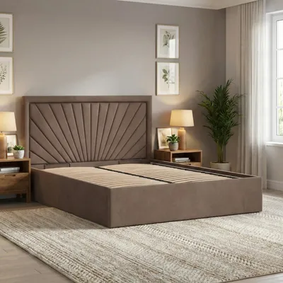 Produktbild von Polsterbett 180x200 cm – Stauraumbett ohne Bettkasten, hochklappbar, stabiles Doppelbett mit dekorativem Kopfteil, Samt Braun VASTO 180 x 200