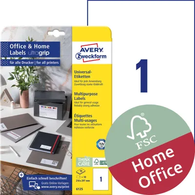 Productafbeelding van Avery Zweckform 6125, universele etiketten, 210 x 297 mm, 10 vel/10 etiketten per vel, wit