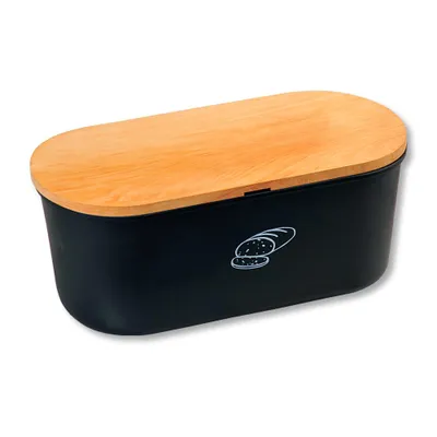 Produktbild von KESPER Brotbox, Brotkasten schwarz Melamin – mit -Buchenholzdeckel als Schneidebrett – 34 x 14 x 18 cm – formstabil & pflegeleicht – Modell 85091