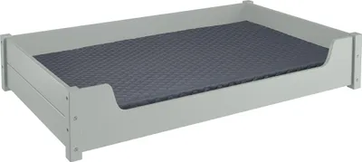 A pet bed with a gray mattress inside a light gray frame, shown from a diagonal angle.