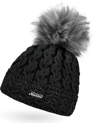 Produktbild von Damen Strick-Mütze gefüttert Fell-Bommel Kunstfell Winter-Mütze Bommelmütze Zopfstrickmuster Fleece-Innenfutter Umschlag Neverless® schwarz