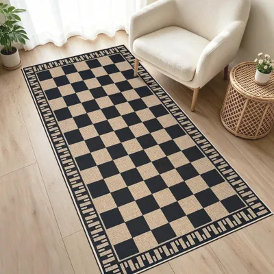 Image de Tapis antidérapant à motifs carreaux, noir, dimensions 80 x 150 cm, lavable, idéal pour le salon