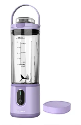 Obrázek produktu pro Přenosný mixér Fram FBP-P74PP, akumulátor 7,4 V, výdrž 10–15 minut, nádoba 400 ml, čepele z nerezové oceli, tlačítko zap/vyp, automatické zastavení, LED indikátor provozu a napájení, protiskluzová základna, nabíjecí kabel TYPE-C, fialová