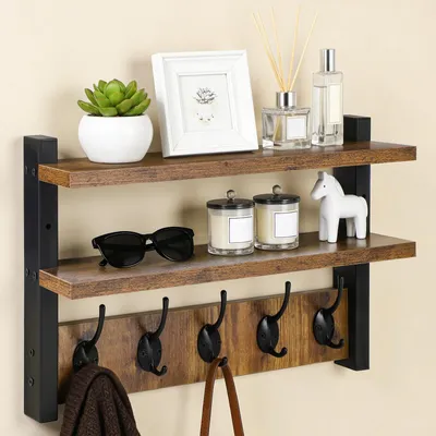 Produktbild von Wandgarderobe Holz, mit 2 Ablage, Wandregal mit 5 Metall Haken, Hängeregal Wandmontage, Garderobe für Eingang, Flur, Schlafzimmer, Wohnzimmer