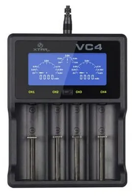 A black battery charger with a blue screen displaying charging information.